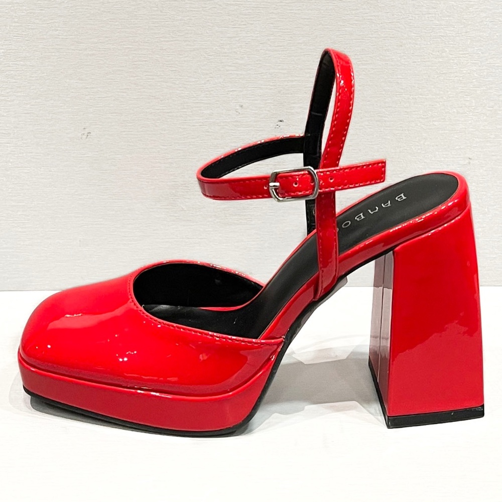 New Red Patent Mary Jane Platform Chunky Heel Pumps